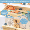 A wooden kids workbench showing various tools and storage compartments for a little worker.