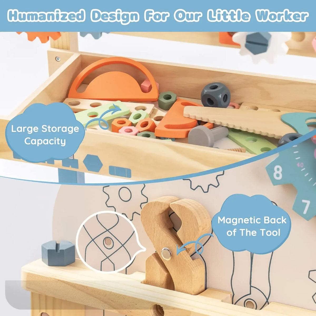 A wooden kids workbench showing various tools and storage compartments for a little worker.