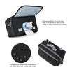 A black portable diaper bag with a clear compartment for storing paper napkins or wipes.