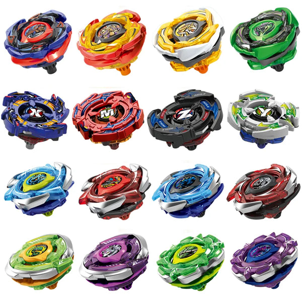 A collection of colorful spinning tops for kids featuring metal and plastic designs.