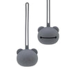A gray silicone panda-themed pacifier storage bag with a long loop for hanging.