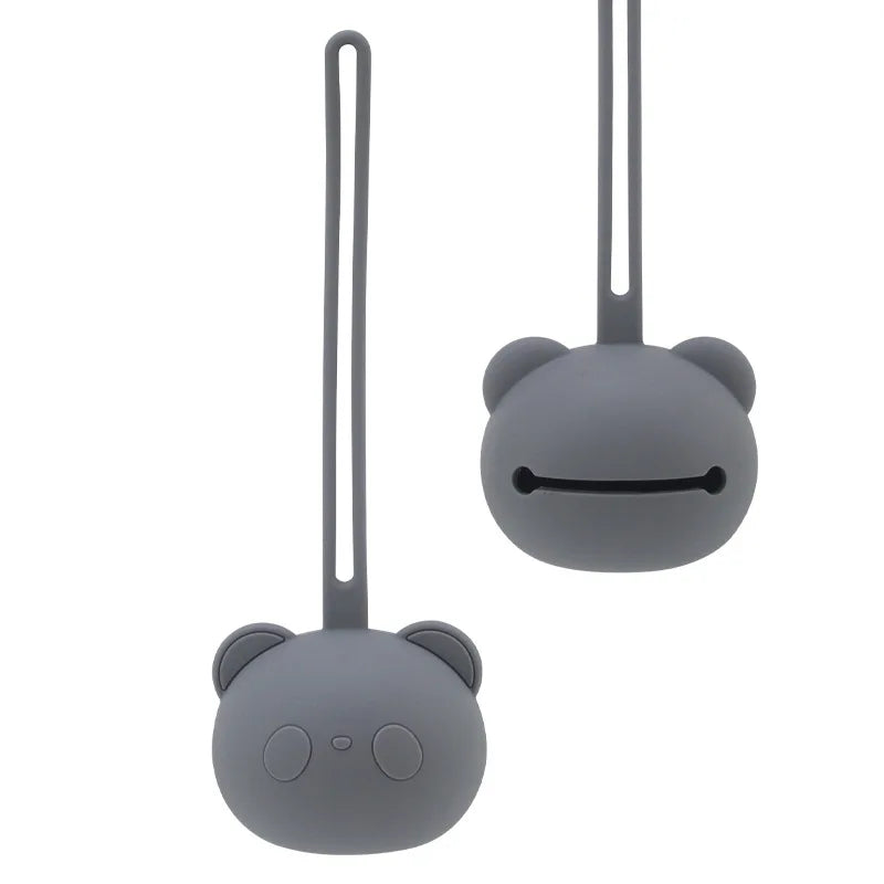 A gray silicone panda-themed pacifier storage bag with a long loop for hanging.