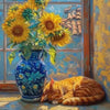 A still life painting featuring a vase of yellow sunflowers in front of a window with a textured background.