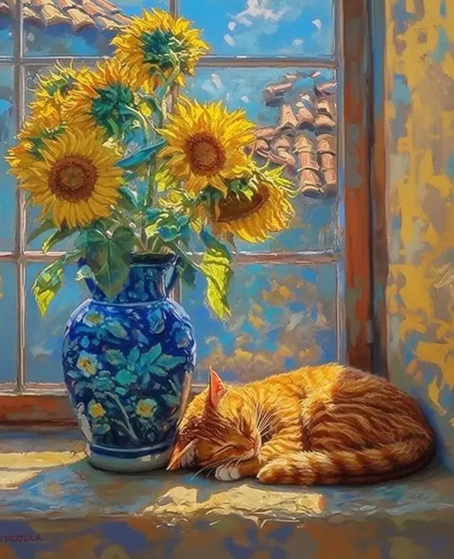 A still life painting featuring a vase of yellow sunflowers in front of a window with a textured background.