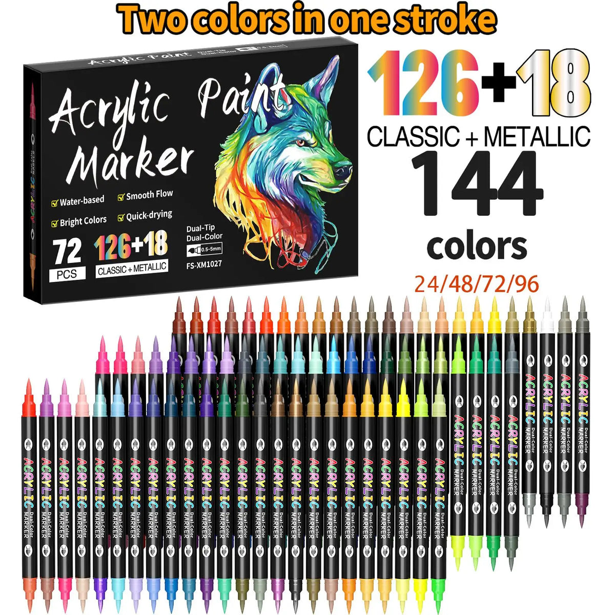A set of 144 dual-tip acrylic paint markers featuring 126 classic and metallic colors.