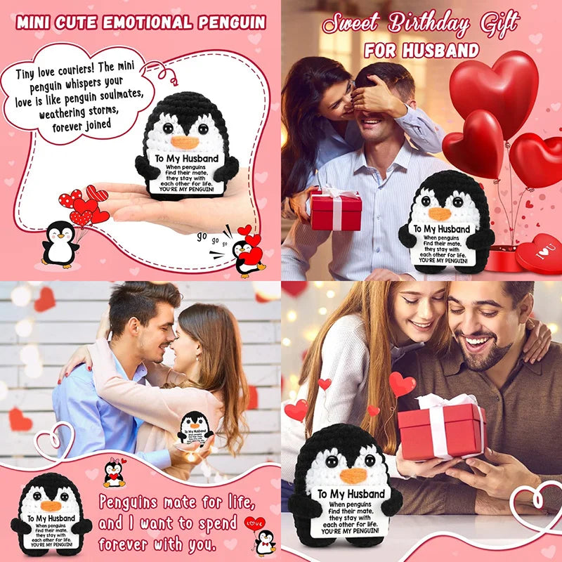 Handmade crochet emotional support plush penguin for husband with a sweet birthday gift message