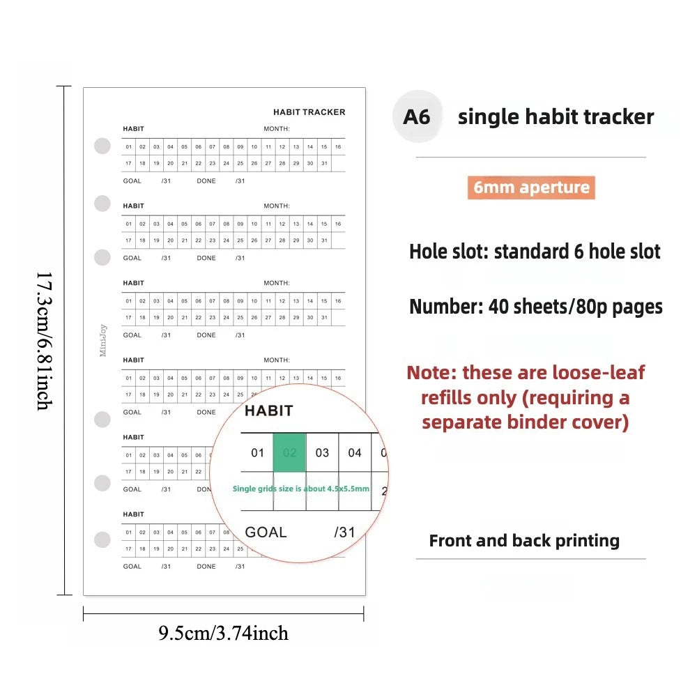 A6 single habit tracker refill pages for planners showing grid layouts and goal tracking options