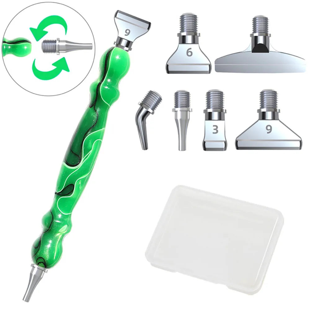 A set of interchangeable resin diamond painting brushes with six tips and a clear plastic tray.