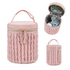 A pink knitted organizer bag for a baby stroller, shown with the lid open revealing storage compartments.