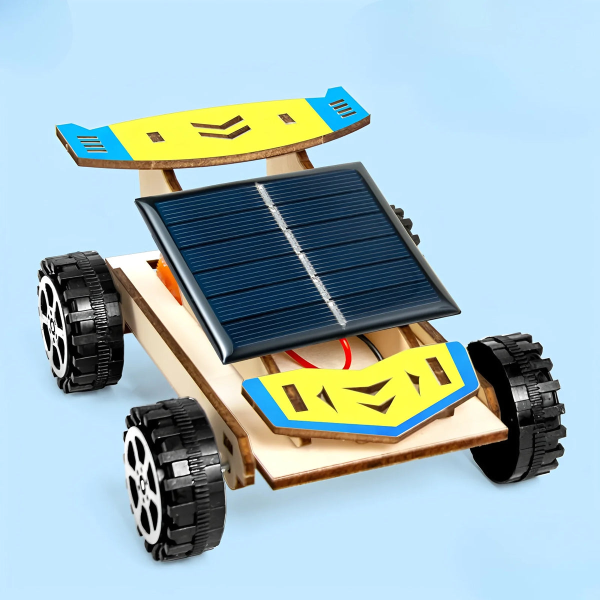 A wooden model kit of a solar-powered lunar rover featuring black wheels and yellow decorative elements.
