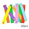 A collection of colorful felt button bracelets in various colors and shapes for fine motor skill development.