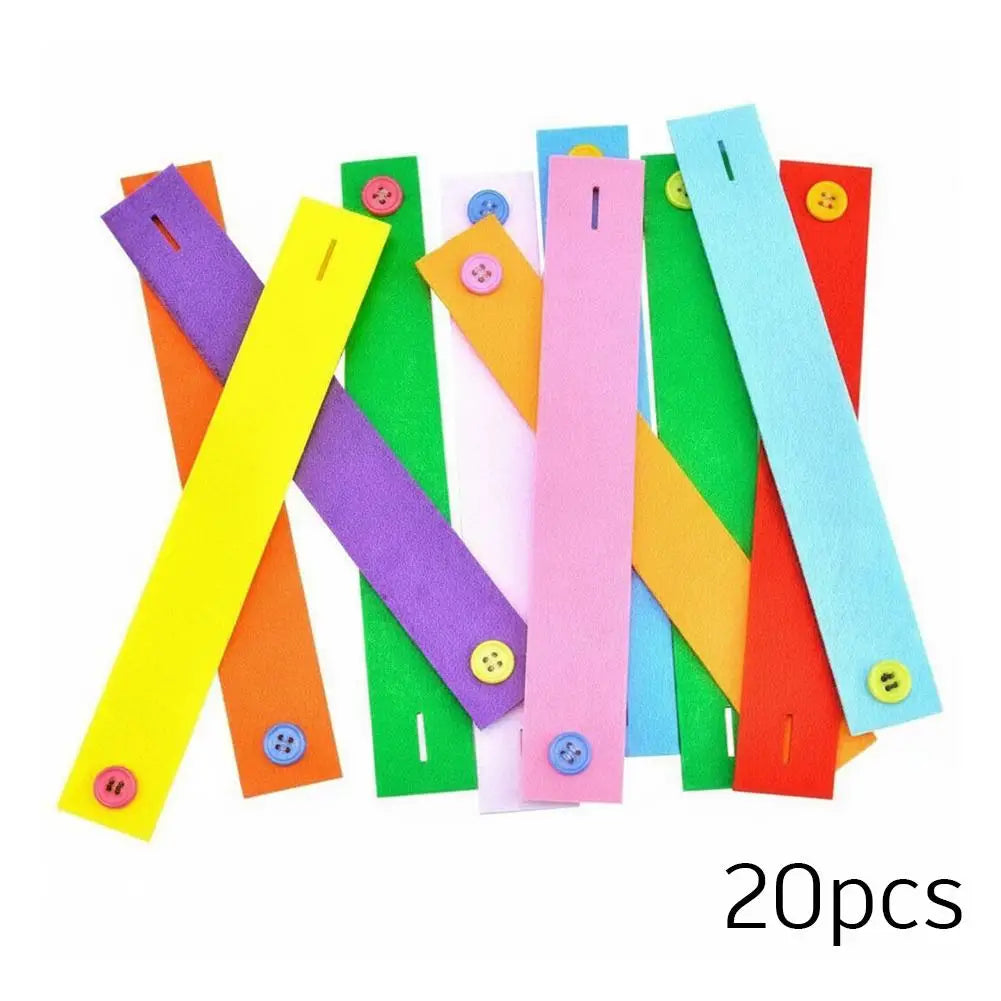 A collection of colorful felt button bracelets in various colors and shapes for fine motor skill development.