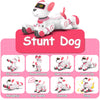 Jouet robot chien blanc et rose avec diverses poses d'action (assis, handstand, pompes, danse)