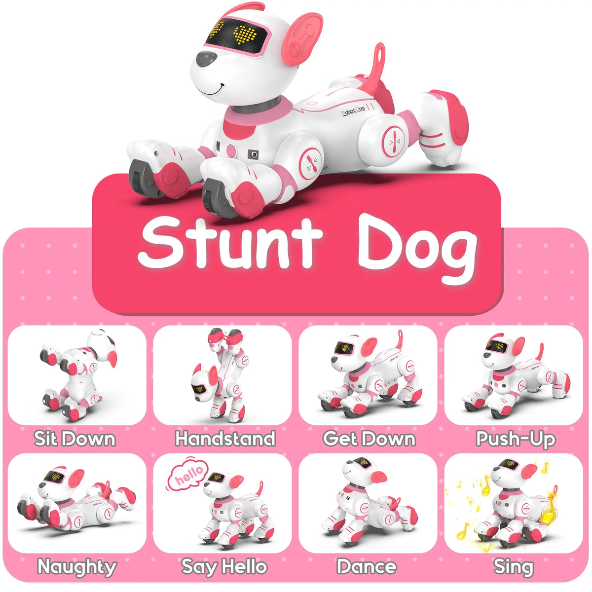Jouet robot chien blanc et rose avec diverses poses d'action (assis, handstand, pompes, danse)