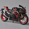 A black and red Suzuki GSX-R1000R diecast motorcycle model in a dynamic pose.