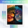A painting by numbers kit showing a vibrant landscape featuring a tree silhouette against an orange and purple sunset backgro