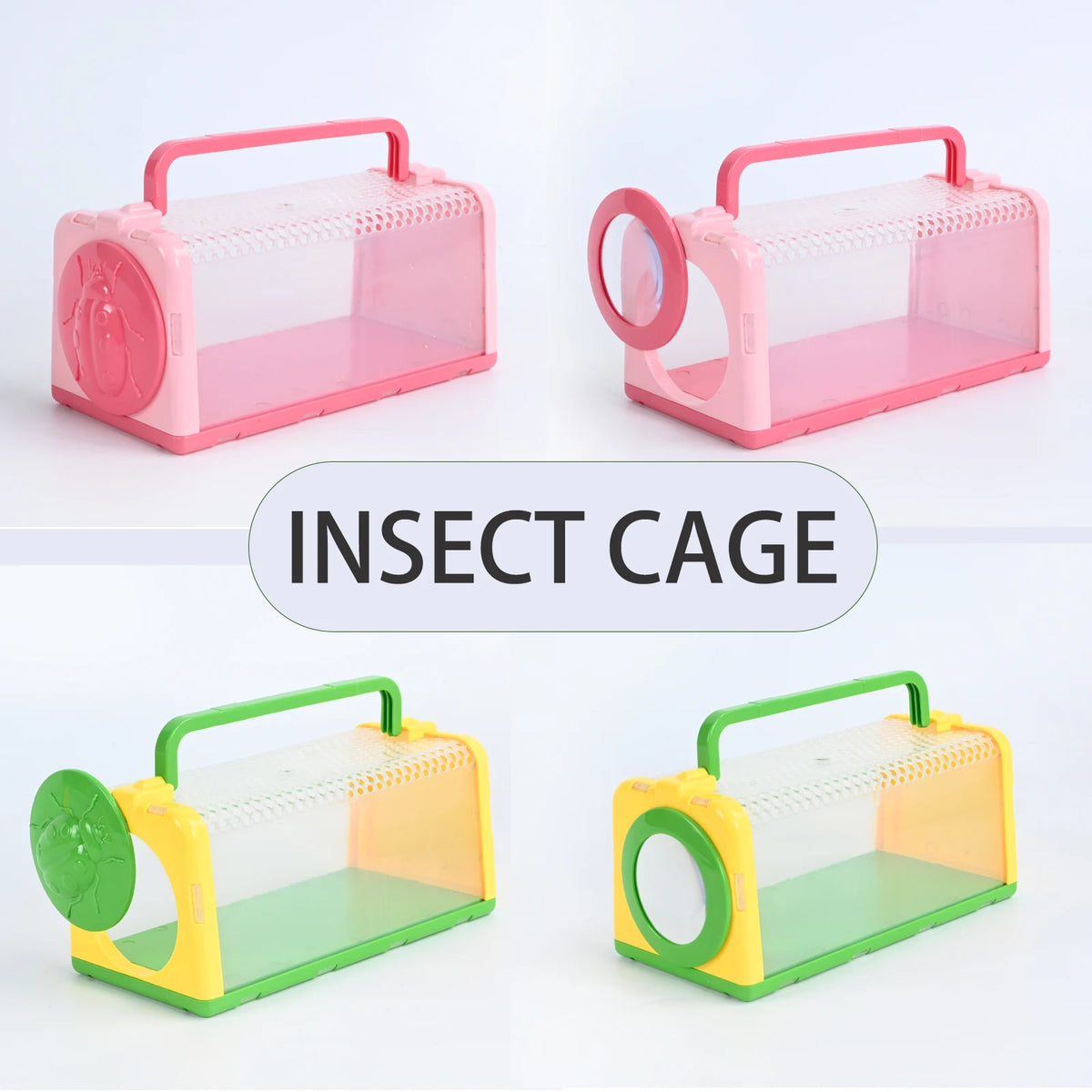 Three plastic insect cages in pink, yellow, and green for observing insects.