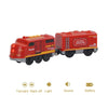 A red battery-powered magnetic wooden train set for toddlers with a freight train conveyance