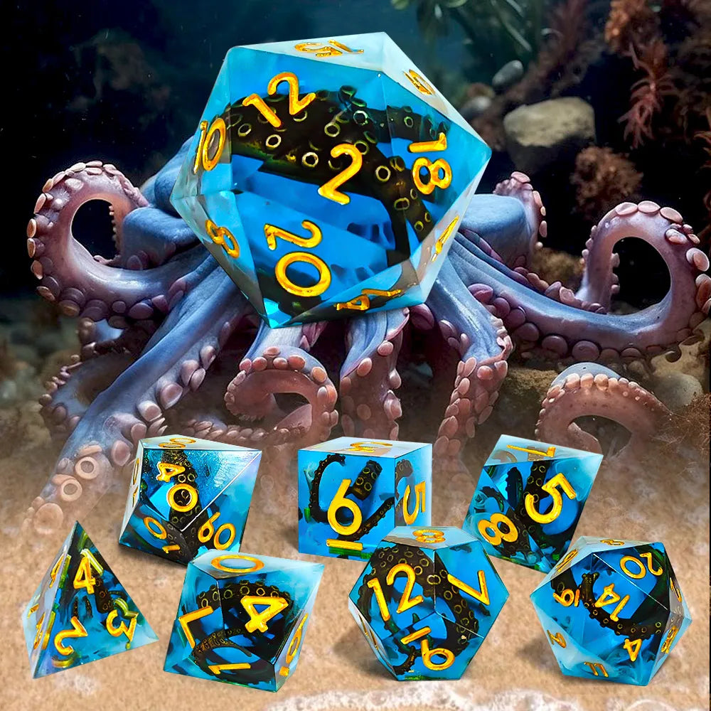 A set of resin dice shaped like octopuses in shades of blue and yellow, displayed against a dark, underwater background.