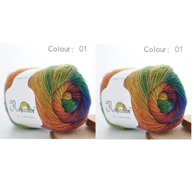 A ball of hand-dyed rainbow merino wool yarn in various shades is shown for knitting and crochet.