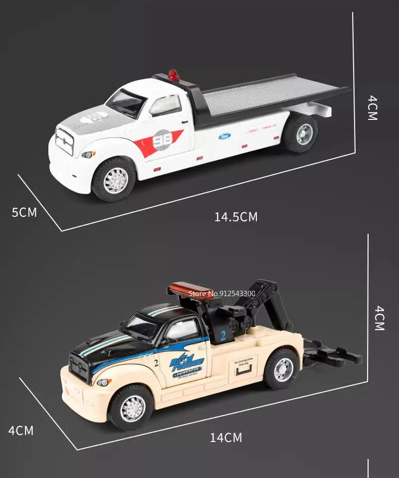 A white and red 1:64 die-cast metal container trailer truck set with pull-back action.