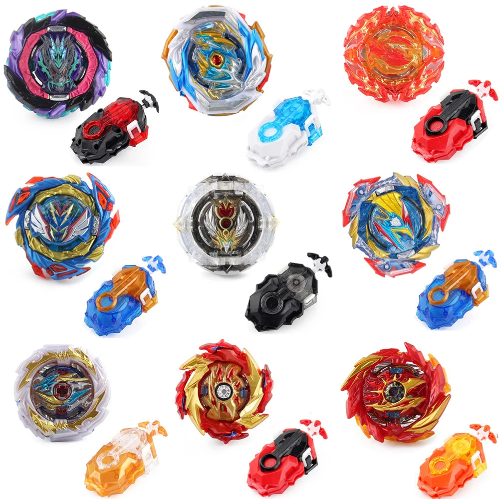 A collection of metal spinning tops in various colors and designs, including a launcher.
