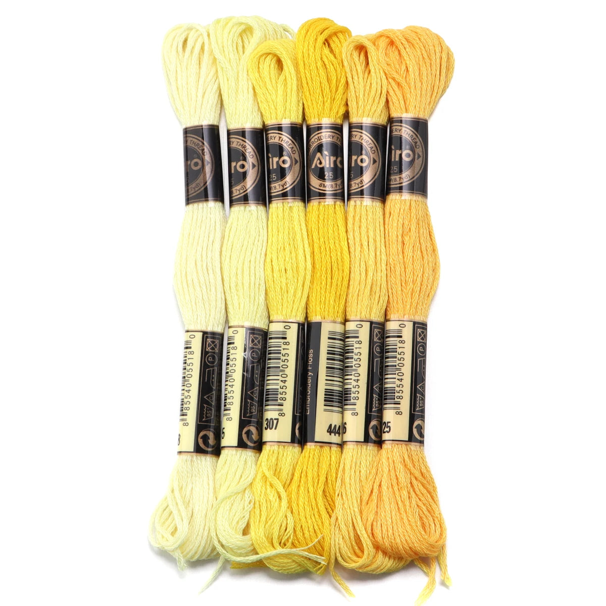 A set of six skeins of vibrant yellow embroidery thread for cross stitch and DIY crafts
