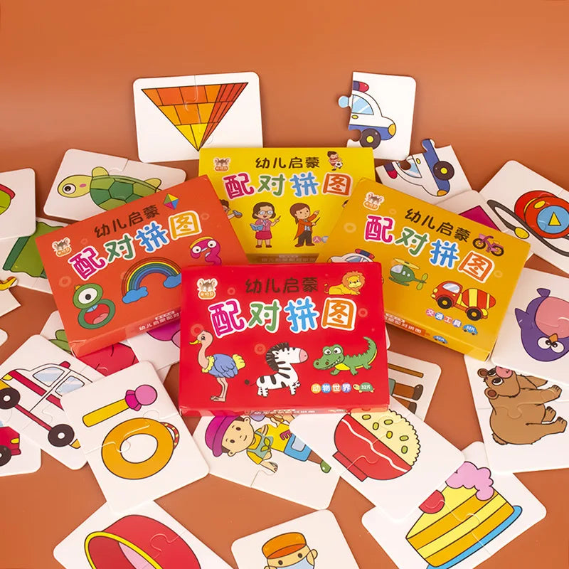 A collection of colorful matching cards featuring animals and objects for a kids cognitive puzzle game