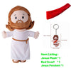 A plush cartoon Jesus figure with a beard and brown hair, wearing a white robe, accompanied by a red scarf and a Jesus pendan