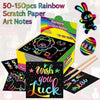 A box of 50-150 pieces of Rainbow Scratch Paper Art Notes with a lion and bunny design.