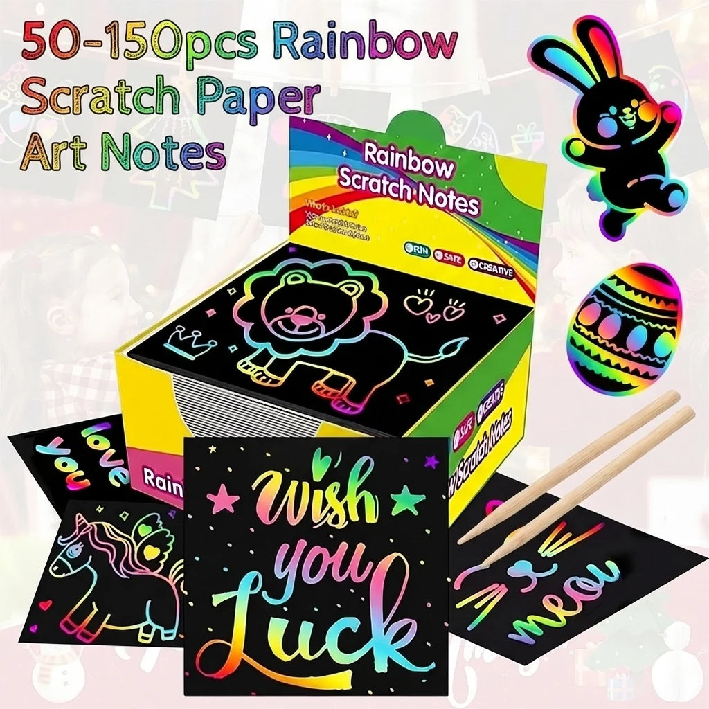 A box of 50-150 pieces of Rainbow Scratch Paper Art Notes with a lion and bunny design.