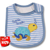 A baby feeding bib with blue and white stripes and a yellow cartoon fish design.