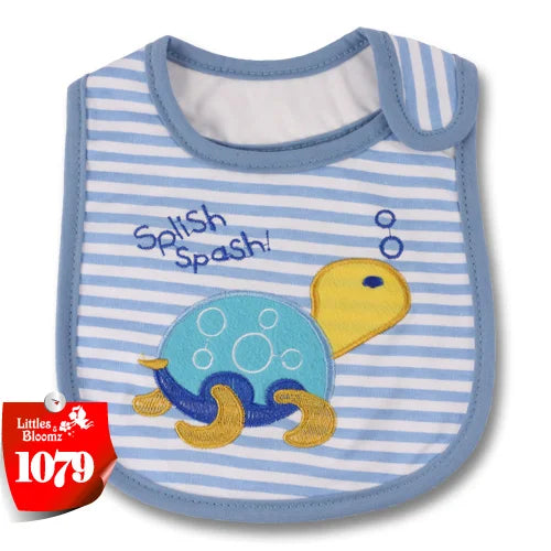 A baby feeding bib with blue and white stripes and a yellow cartoon fish design.