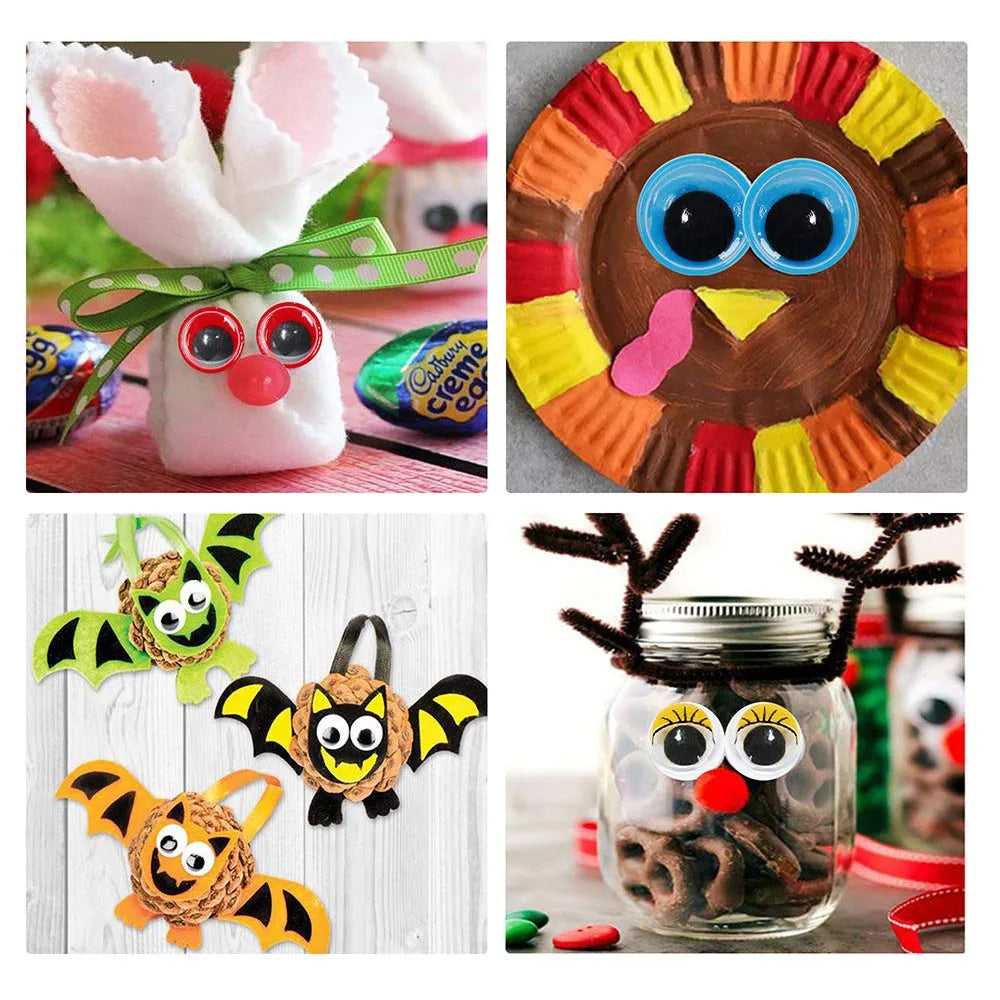 A collection of self-adhesive moving eyes in various sizes and colors used for crafts and DIY decorations.