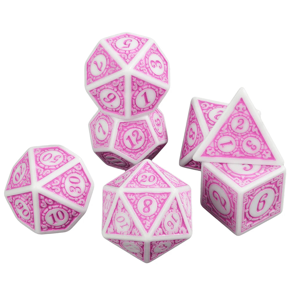 A set of seven polyhedral dice in pink and white, including a d4, d6, d8, d10, d12, d20, and d30.