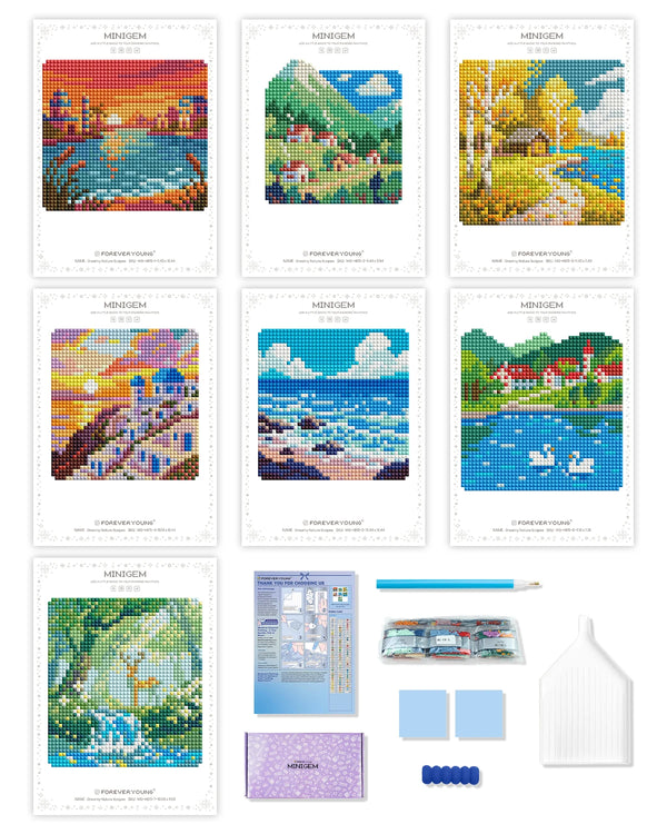 Des kits de peinture diamant Minigem avec scènes nature et paysages variés.