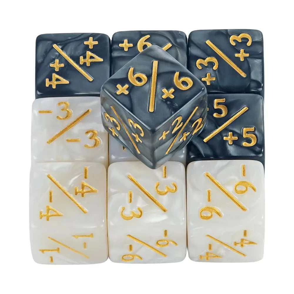 A set of ten acrylic D6 counter dice in black and white colors arranged in a grid.
