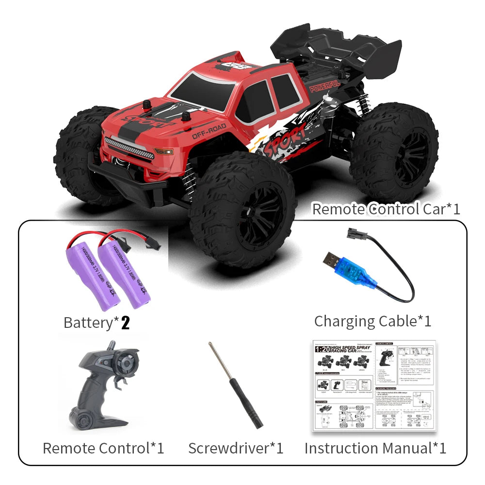 A red and black off-road remote control car with accessories including a battery, charging cable, remote control, screwdriver