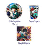 A set of hero-themed birthday party decorations including a 9 inch plate, cups, and napkins featuring anime characters.