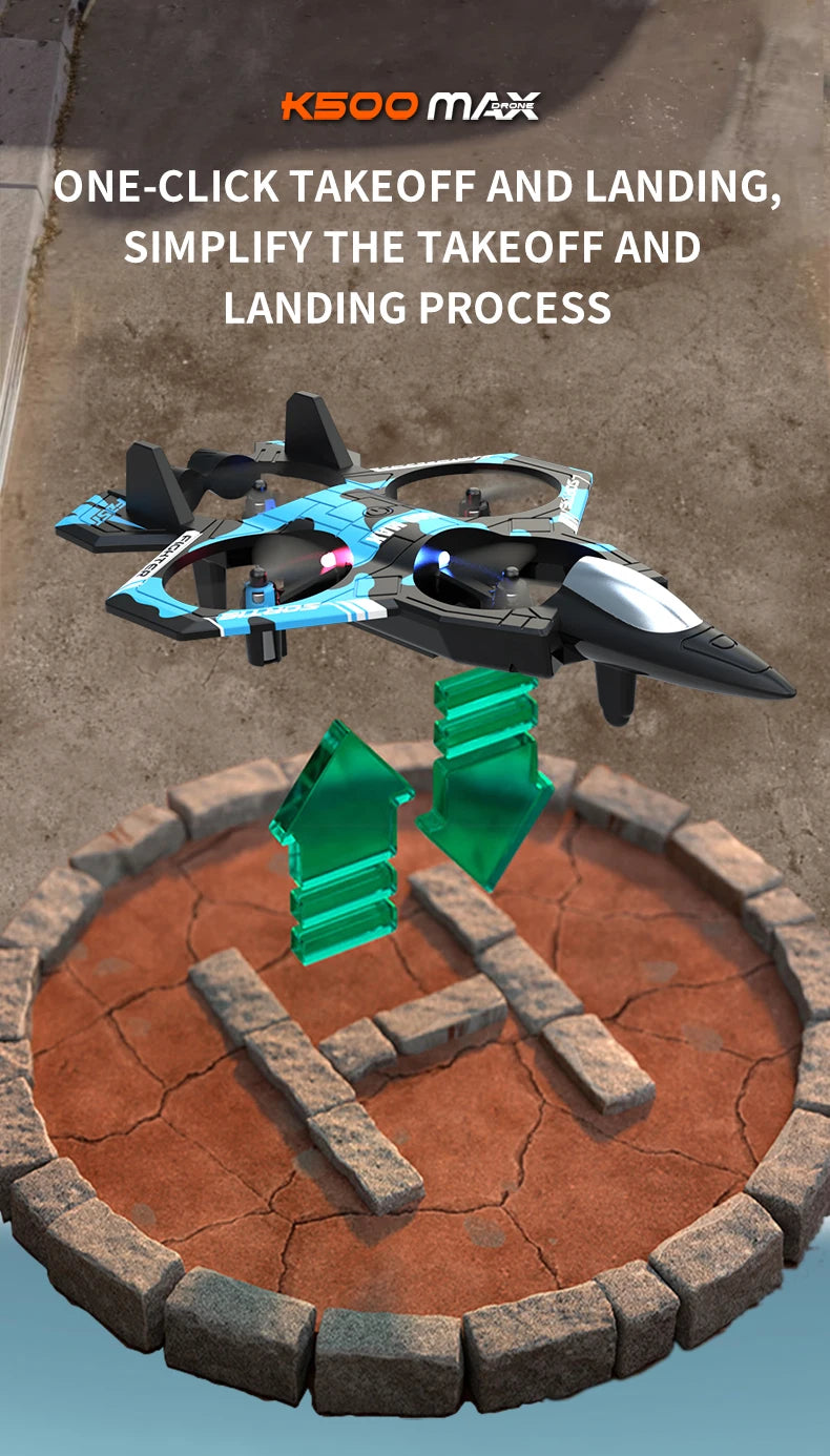 A black and blue K500 MAX electric RC fighter plane is shown above a circular terrain map.