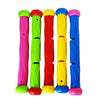 A set of five brightly colored shark rocket pool diving toys for kids in pink, lime green, red, yellow, and blue.
