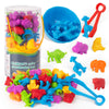 A colorful set of plastic animal toys and sorting bowls for children's color classification and early math learning.