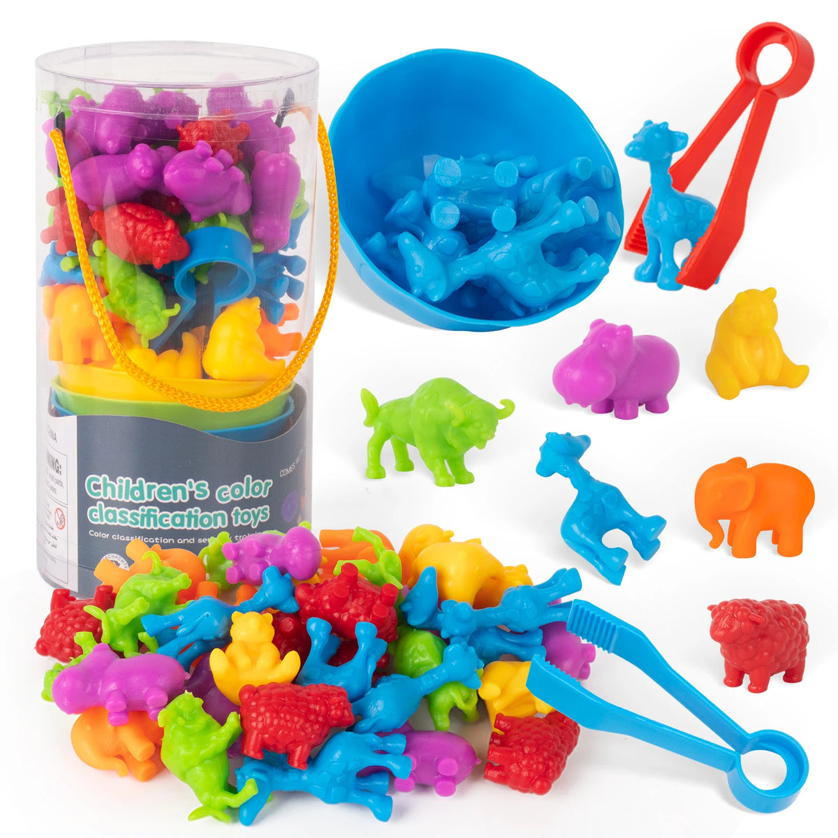 A colorful set of plastic animal toys and sorting bowls for children's color classification and early math learning.