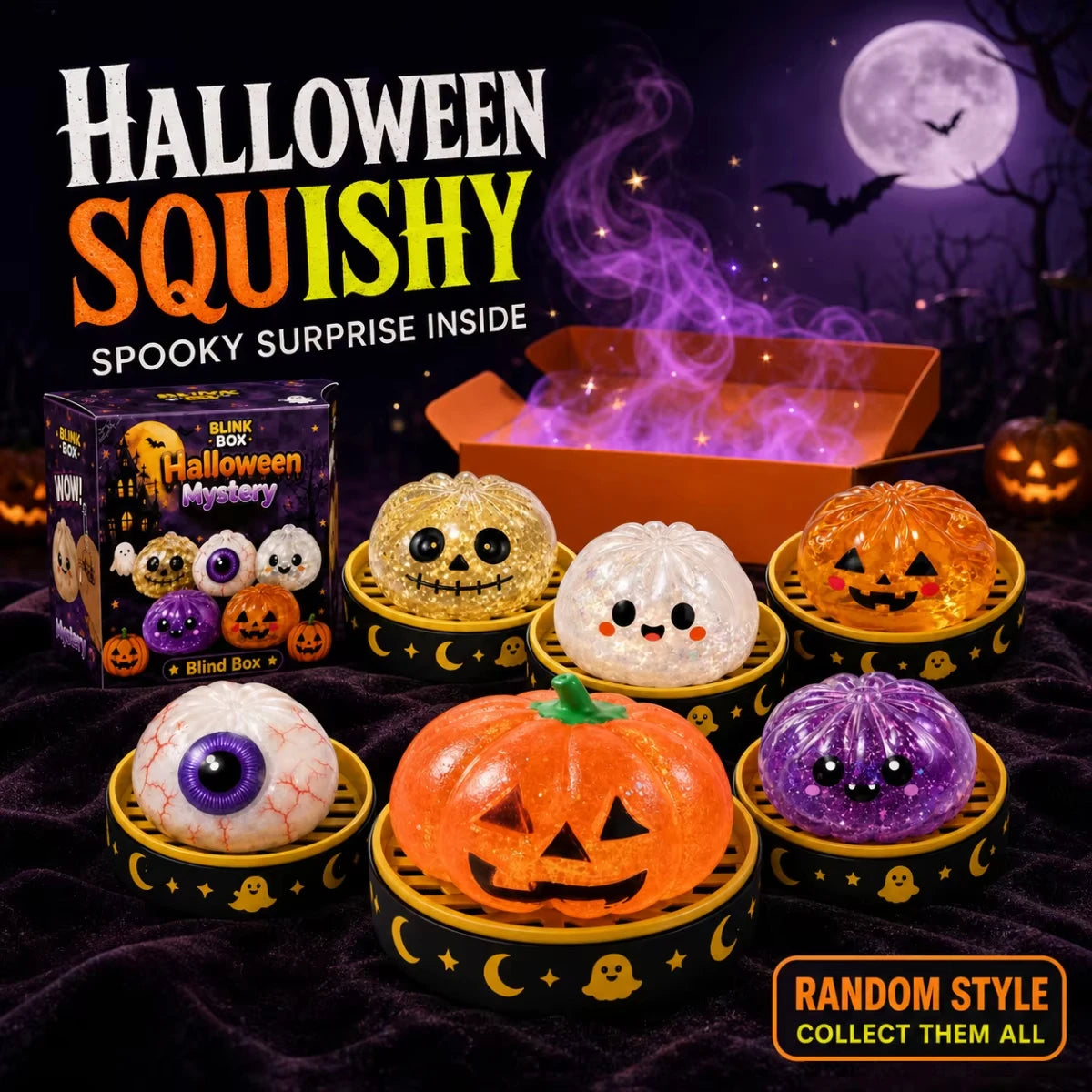 A Halloween Squishy set featuring various spooky stress relief balls including a glitter pumpkin, eyeball, and skull.