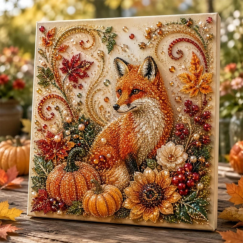 A painting kit featuring a detailed, textured orange fox surrounded by autumn foliage and pumpkins for wall art.