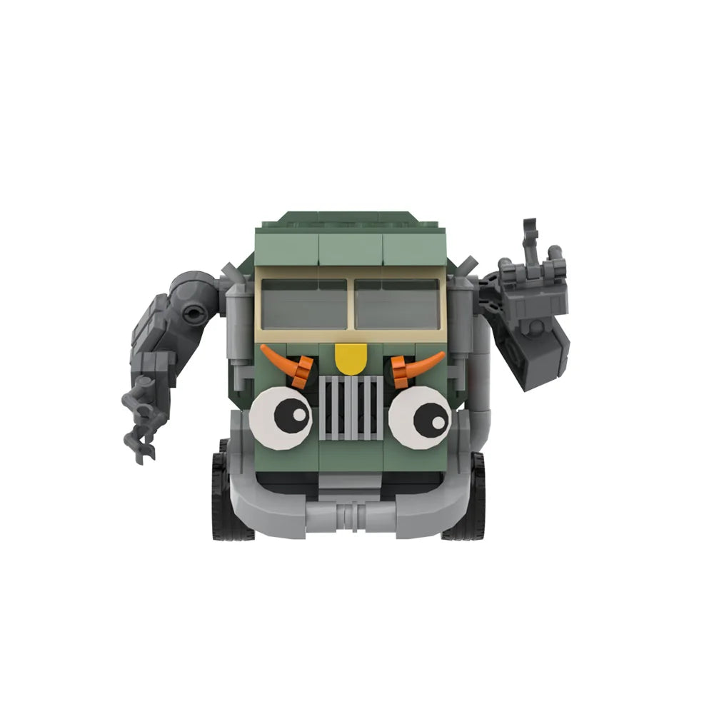 A green trash truck building block set with a working dump function.