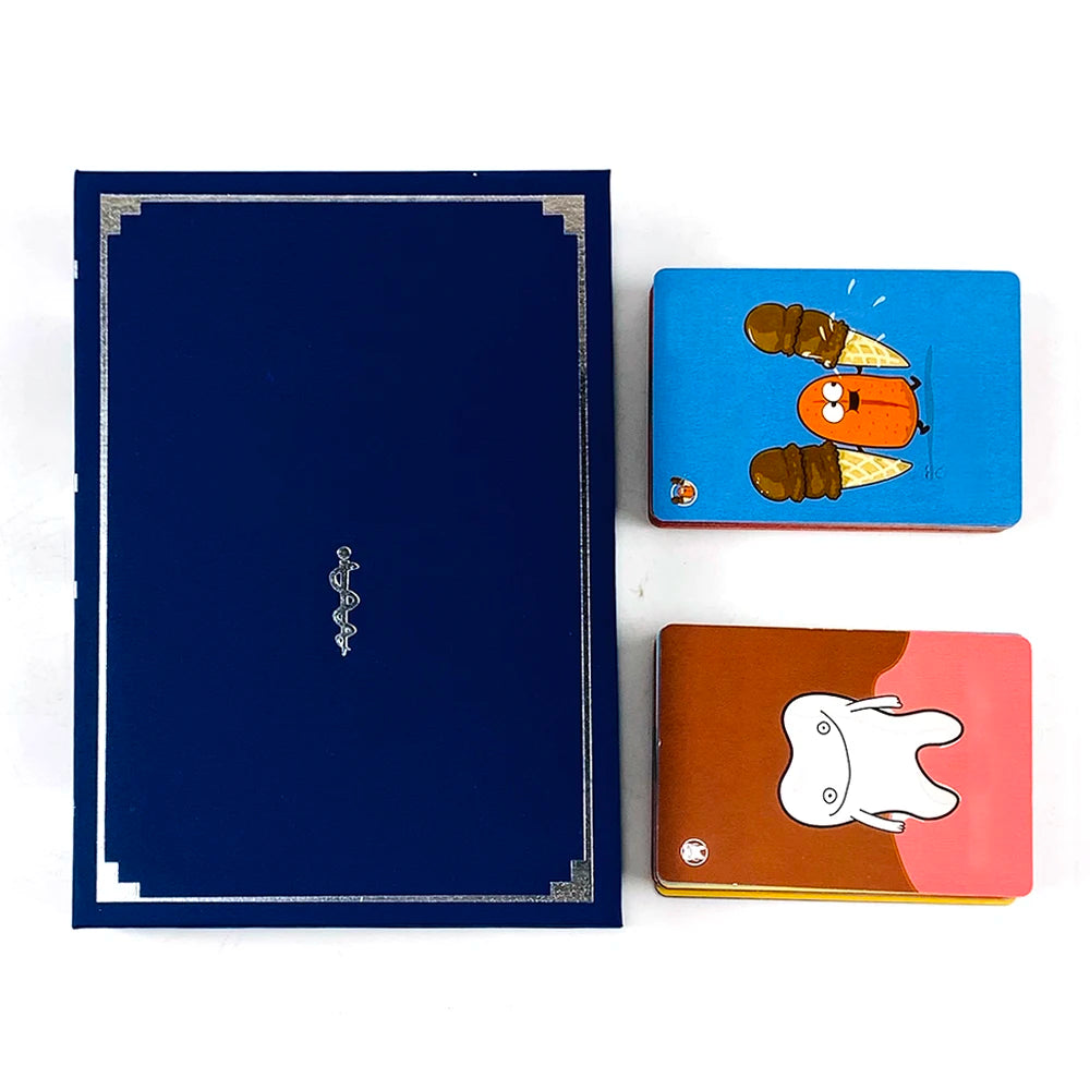 A set of three cards featuring characters from a party game, including a blue card with a stylized figure and two other cards