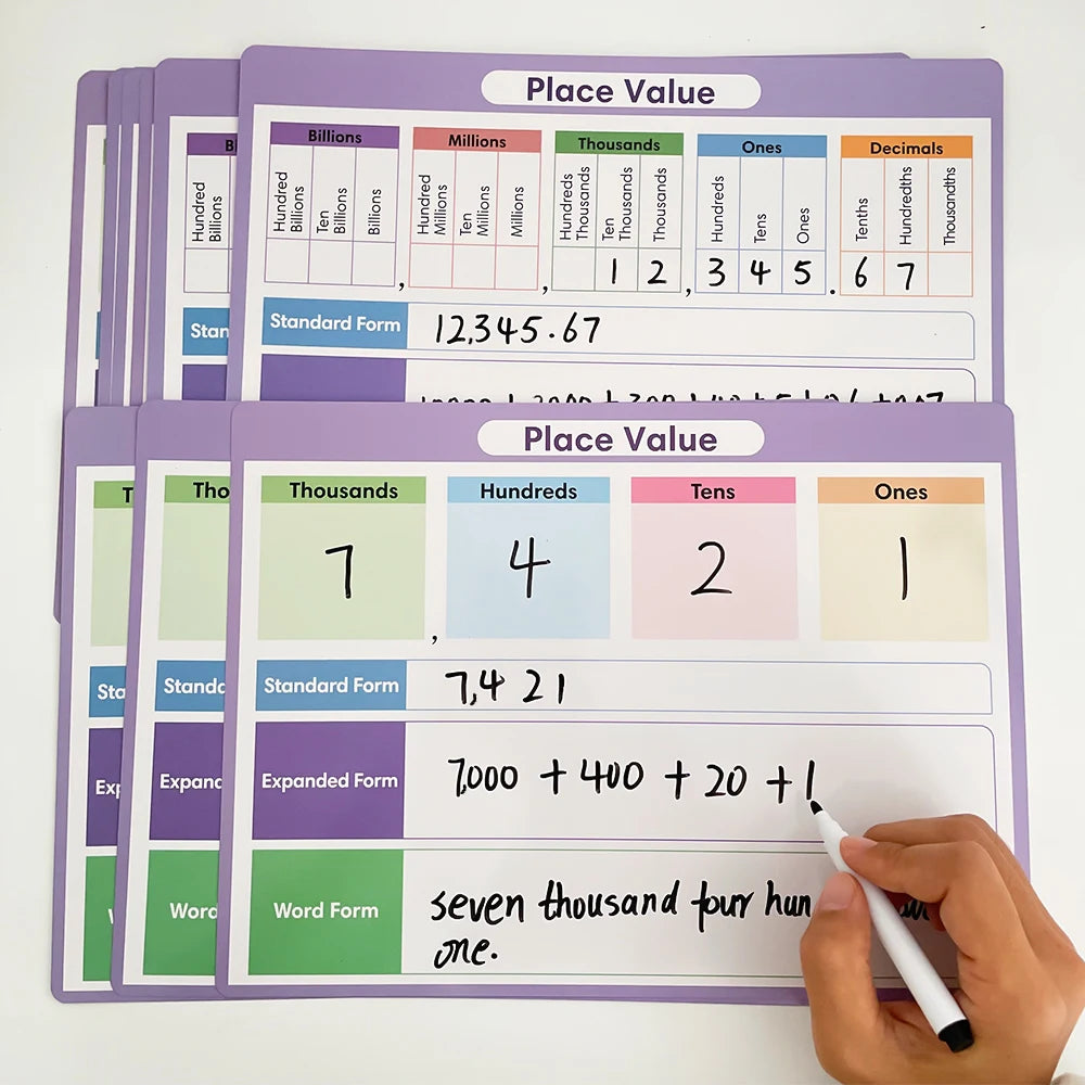 A set of purple and green place value learning posters showing standard, expanded, and word forms for numbers.