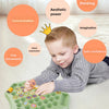 A young child is playing an Animal Flip Chess Game on a light wooden floor, surrounded by icons representing cognitive skills