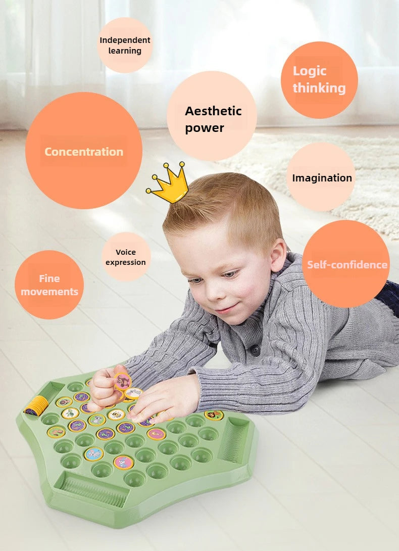 A young child is playing an Animal Flip Chess Game on a light wooden floor, surrounded by icons representing cognitive skills